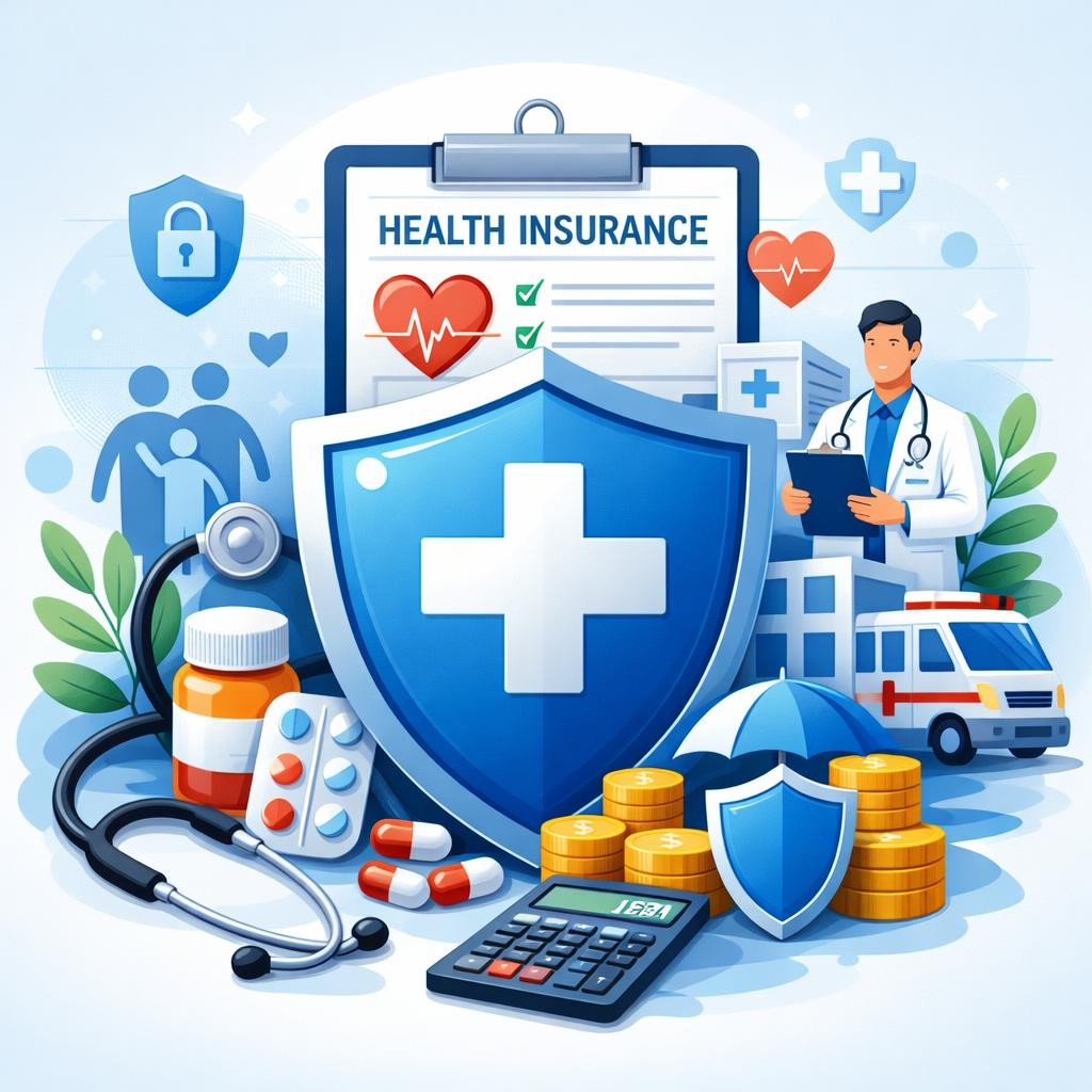 Health insurance document with medical symbols, doctor, medication, stethoscope, coins, calculator, ambulance, and shields