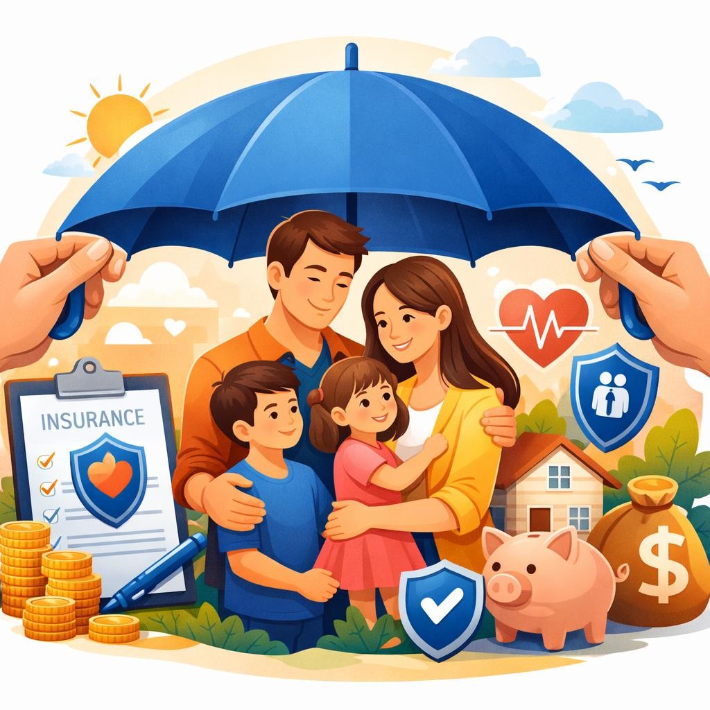 Family under large blue umbrella with insurance icons and money symbols