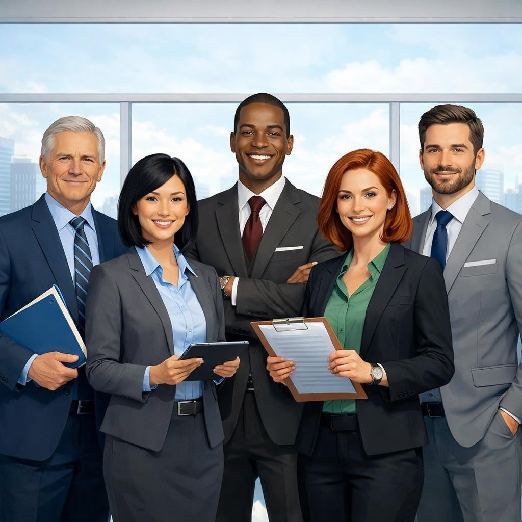 Five professionally dressed insurance team members smiling confidently in an office setting