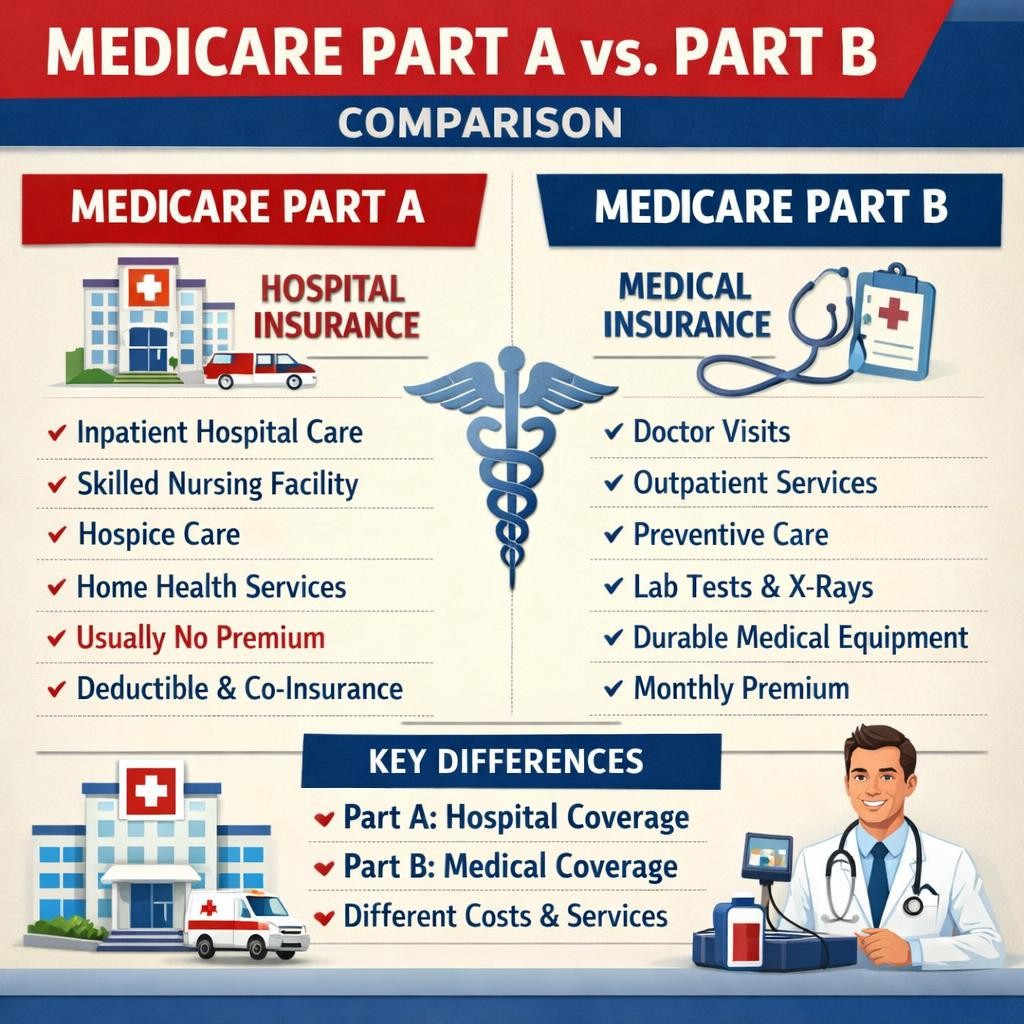 Comparison of Medicare Part A hospital insurance and Part B medical insurance benefits and key differences