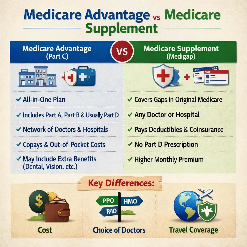 Comparison chart listing features and differences between Medicare Advantage (Part C) and Medicare Supplement (Medigap) plans